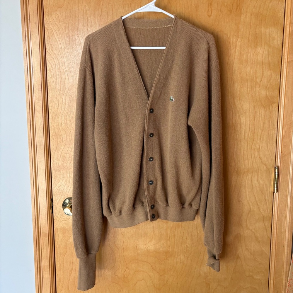 Izod Lacoste Cardigan Sweater Mens Large‎ Brown Vintage V-Neck Knit Crocodile